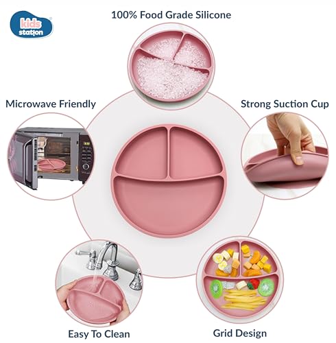 Image of Kids Station 3 Piece BPA-Free Silicone Baby Feeding Set - Baby Plate - Spoon and Bowl - Make Mealtime Fun - Microwave Safe - Unbreakable Eco-Friendly - Organic & Natural (Plate (Set of 3), Pink)
