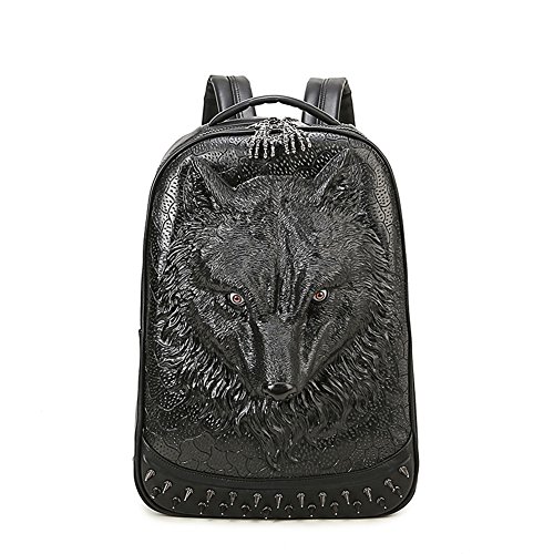 AIBAG 3D Wolf Face Cool Backpack Studded PU Leather Laptop Computer Backpack Coolege Bookbag (Black)