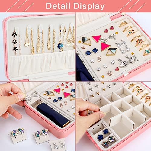 Jewellery Box Organiser, Small Faux Leather Travel Jewelry Case with Zippers, Jewelry Organiser Storage for Rings Earrings Necklace Bracelets, Pink