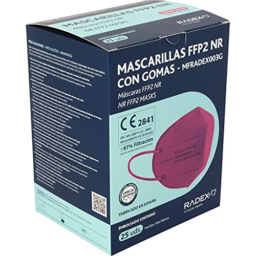 Miniatura 5 de Radex 85005254. Caja De 25 Mascarillas Ffp2, Rosa Fucsia, 5 Capas, Ce 2841, Hecha En España, 160x108mm