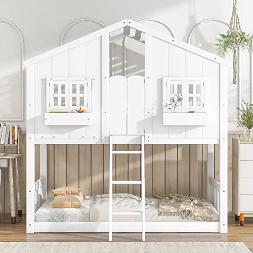 Royjhnl House Bunk Bed Twin Over Twin, Solid Wood Floor