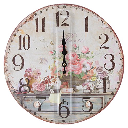 Lily's Home Vintage Inspired French Pink Flowers Kitchen Wall Clock, Battery-Powered With Quartz Movement, Ideal Gift For Paris Or Coffee Lovers (13" Diameter) #TOP5