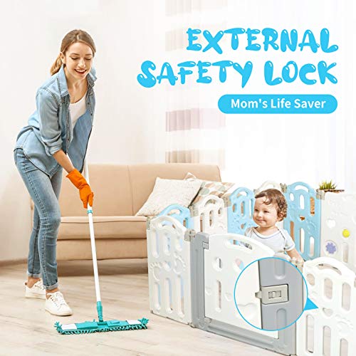 Playpen for Babies, Foldable Baby Play Yards, Nonslip Play Pen, Baby Play Yard with Safety Lock, Baby Gate Play Yard Area for Toddler, Play Pens for Babys Indoor Outdoor,(14 Panel Blue+White) - Thumbnail 6