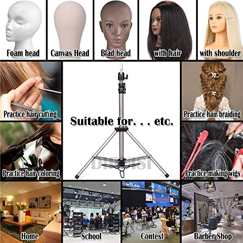 DIRUISI Reinforced Wig Stand Tripod Mannequin Head Stand Adjustable Wig Head Stand Holder for Cosmetology Hairdressing Training with Carrying Bag (Silver) - Thumbnail 2