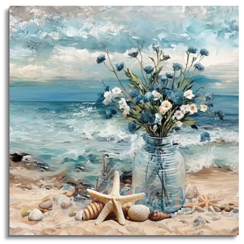 Arte de pared de playa con temática floral costera de océano azul, decoración de pared, estrella de mar, concha, flores en jarrón, póster enmarcado de paisaje marino listo para colgar, decoración de