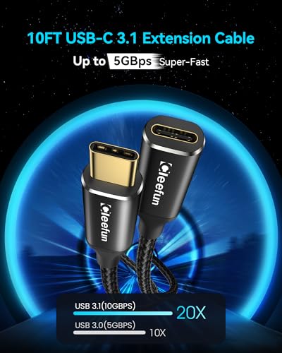 CLEEFUN USB C Extension Cable 3m,New USB 3.2/5Gbps 4K Video 100W C to C Fast Charging & Sync Nylon Male to Female Extender Cord for iPhone 17 16 15 + pro,MacBook iPad/Pro,Galaxy S25 S24 S23,USB-C Hub - Image 2