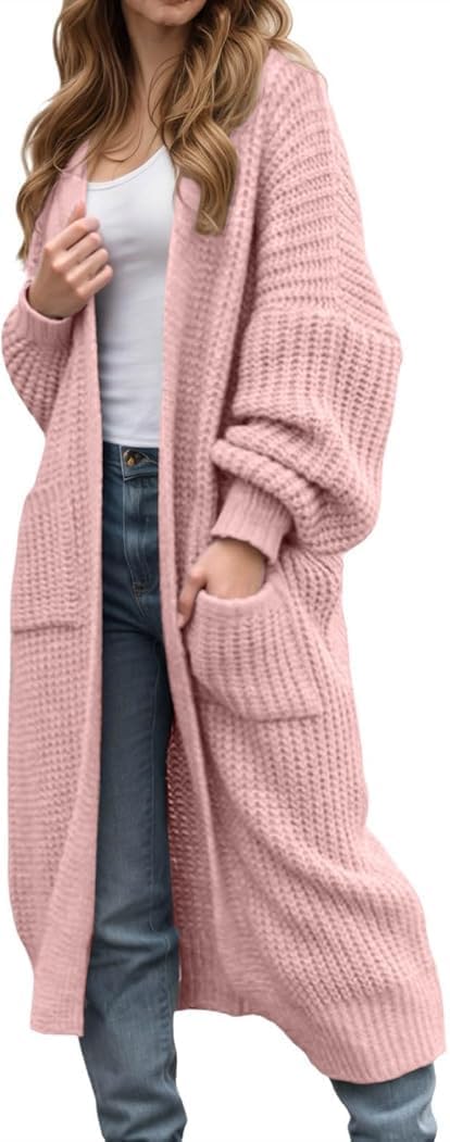 Long Sleeve Sweater for Women Oversized Open Front Cardigan Mid Length Knit Outwear Chunky Trendy Coat with Pocket