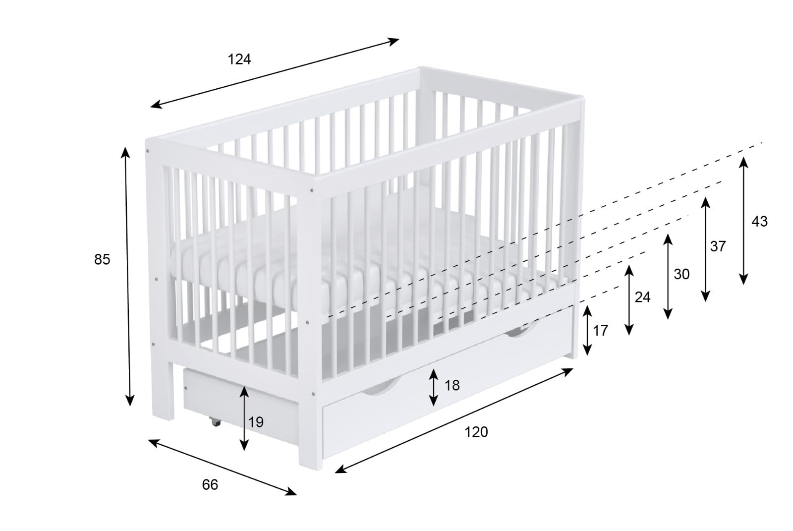 Love For Sleep LUCA Lettino Neonato120x60 cm in Pino Bianco con Barriera di Sicurezza – Culla Trasformabile per Bambino 0-3 Anni