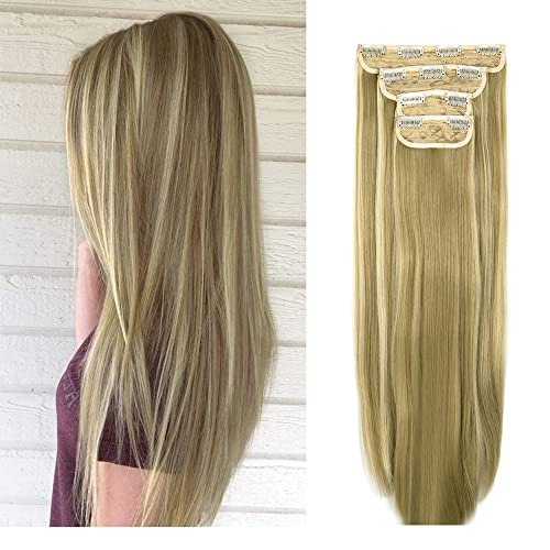 4PCS Hair Extensions Straight Clip in Long Synthetic Hair Extensions 18 inches Thick Hairpieces for Women Ash Blonde Mix Bleach Blonde