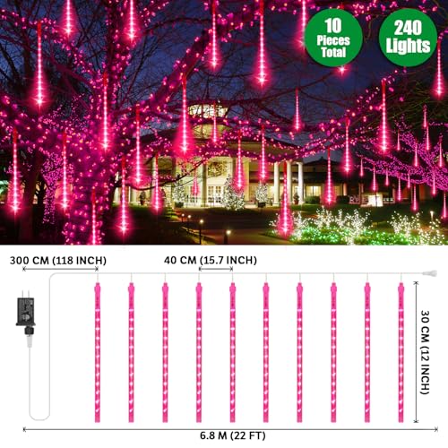 LAMPHOME Pink Lights for Valentines Day Decor,Christmas Lights Outdoor12-inch LED Meteor Shower Icicle Lights, 10 Tubes 240 LED Shower Rain Waterproof Plug for Xmas Tree Yard House by LAMPHOME - Image 2