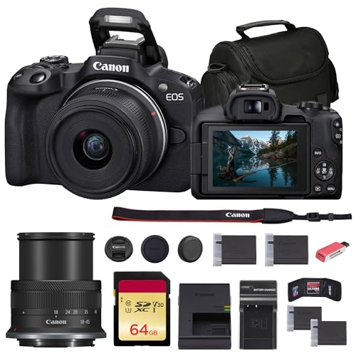 Image of Canon EOS R50 Mirrorless Camera with 18-45mm Lens (Black) (5811C012) + 64GB Memory Card + Bag + Charger + LPE17 Battery + Card Reader + Memory Wallet + Cleaning Kit