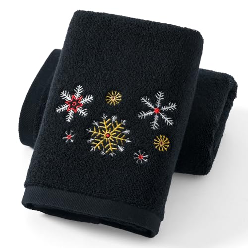 Image of sense gnosis Black Hand Towel Set of 2 Snow Embroidered 100% Cotton Thick Ultra Soft Highly Absorbent Luxury Hand Towels for Bathroom Christmas Decorative 13 X 29 Inch