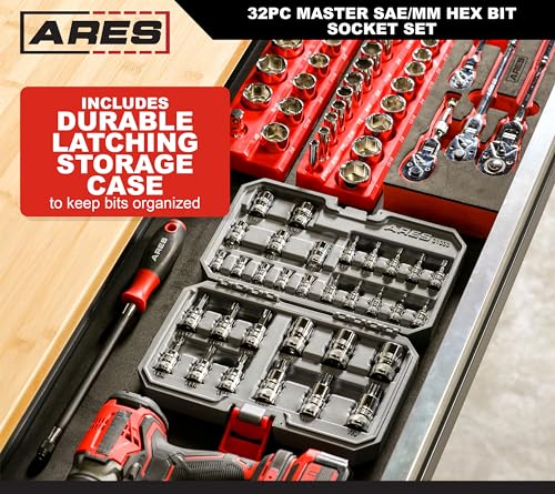 Image of ARES 31030 32-Pc Master SAE & Metric Hex Bit Socket Set - 1 /4,3 /8,1 /2-In