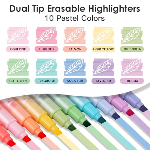 Erasable Highlighters, 10 Pastel Highlighters Assorted Colors, Dual Tip Cute Erasable Highlighter Pens No Bleed Through for Bullet Journaling, Bible Study, School Office Supplies