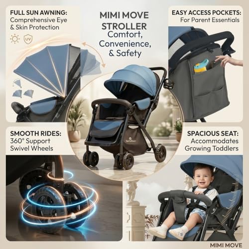 Image of StarAndDaisy Foldable Stroller for Baby 0-3 Years Infant & Toddler / Travel Pram for Baby with Adjustable Canopy & Footrest with Lockable Wheels, Multi-Level Recline , Removable Tray , Safety Harness Belt (Blue)