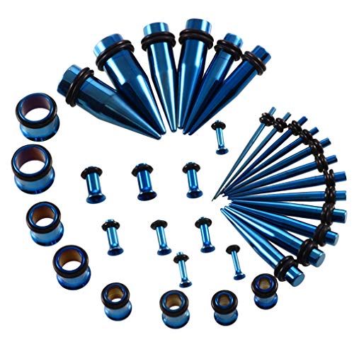 CABBE KALLO 36 pcs Ear Stretching Kits Gauges Tapers Surgical Stainless Steel 14G-00G Plugs and Tunnels Gauges Set Expanders for Women Men Body Piercing Jewelry, Blue