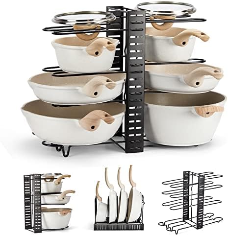 Pots and Pans Organizer for Cupboard With 3 DIY Strategies, Adjustable Pan Organizer Rack for Cupboard, Pot Rack with 8 Tiers, Lid Rack for Pots and Pans