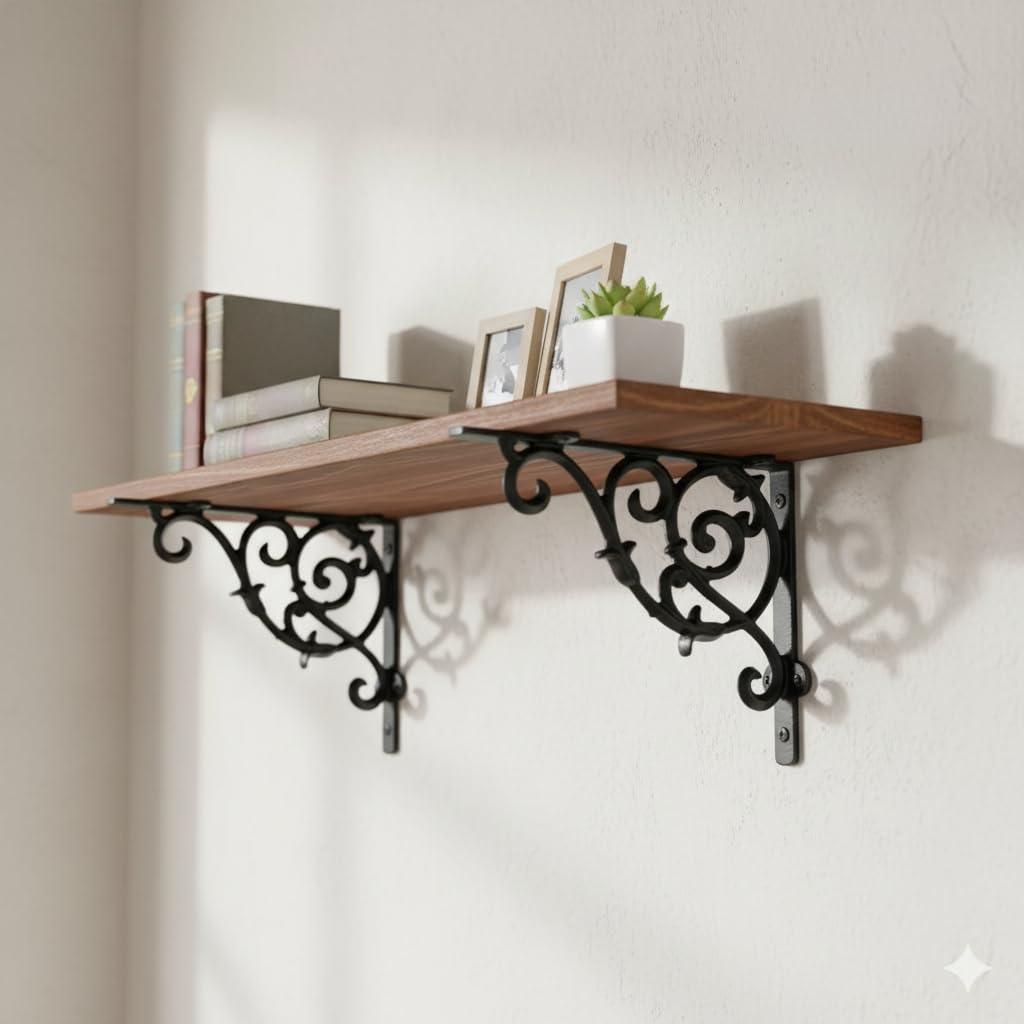 Metal Handcrafted Shelf Bracket for Floating Shelves Decorative L Angle Shaped Corner Brace Joint Heavy Duty Wall Mounted Supporter Corner Brace Holder (Black, 8.7 inch (22 cm))-image-27