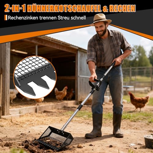 25.5cm Hühnerkotschaufel mit Ergonomischem Griff, Hühner Zubehör Siebschaufel Metall, 4-In-1 Verstellbare 89-190cm Chicken Poop Scooper Zum Reinigen von Hühnerställen Ziegenställen Ställen