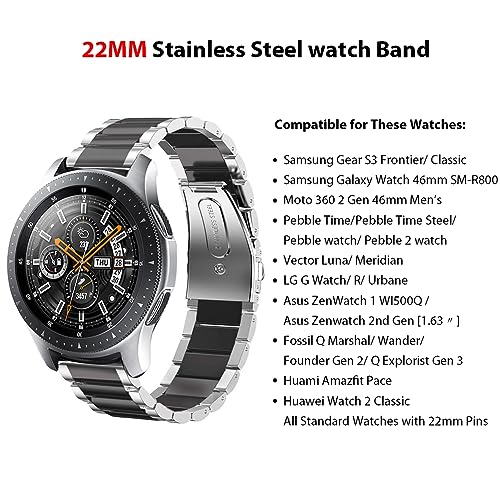SUNDAREE Compatible con Correa Galaxy Watch 46MM,22MM Plata Negro Metal Acero Inoxidable Reemplazo Pulsera Repuesto Band para Samsung Galaxy 3 45MM LTE/Smartwatch GTR 47MM/Huawei Watch GT 2 Pro 46MM
