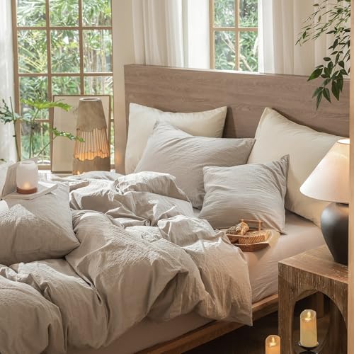 Image of MooMee Wavy Striped Duvet Cover Set 100% Washed Cotton Linen Like Textured Breathable Durable Soft Comfy (Beige, King 104 inchx90 inch)