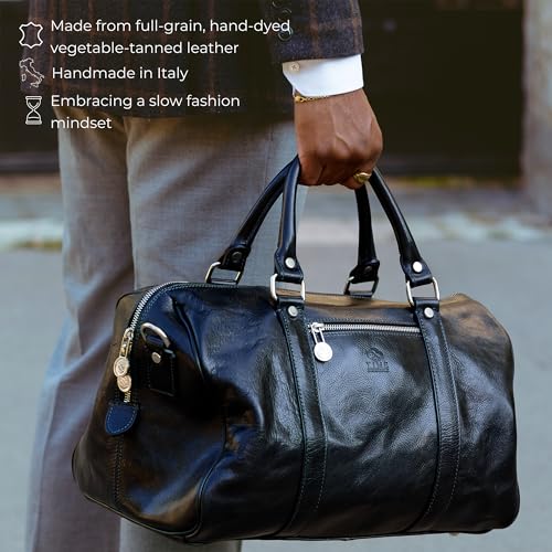Image of Time Resistance Full Grain Leather Small Duffel Bag - Gym Weekender Overnight Bag (Black)