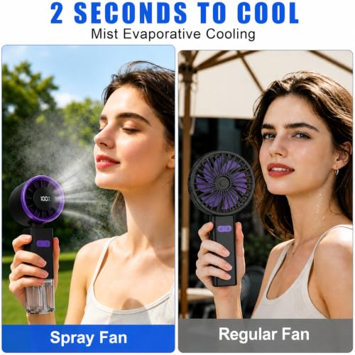 Image of QLECT 2-in-1 Mini AC Portable Fan with Water Mist Spray, 1800mAh Rechargeable Battery, 5 Speed USB Fast Charging Handheld Fan, Foldable Personal Cooling Fan for Travel, Office, Home, Men & Women