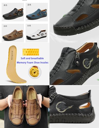 Men's Summer Slip On Leather Casual Shoes,Vintage Comfy Hand-Stitching Zipper Driving Walking Loafers Fashion Sneakers2