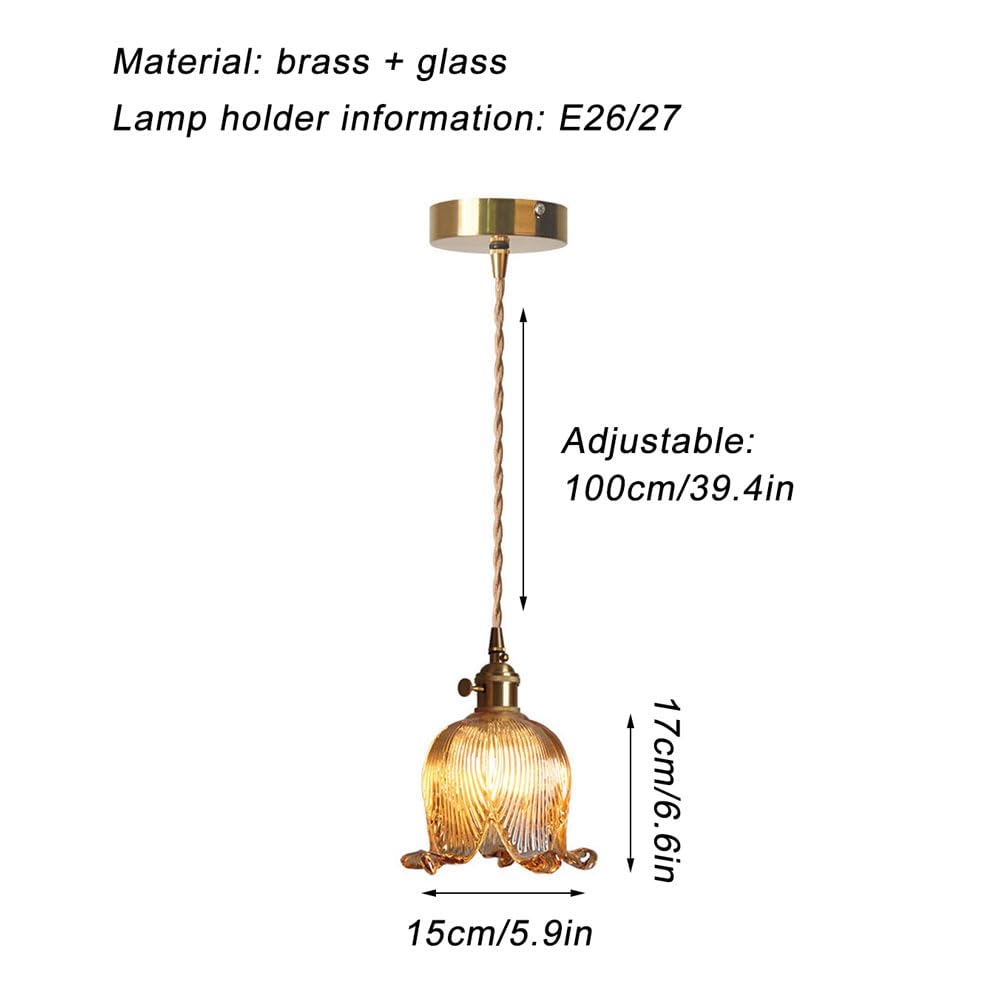 Bursztynowa lampa wisząca w kształcie kwiatu z kloszem szklanym, żyrandol w stylu retro nordyckim, podstawa E26/E27, mosiężny uchwyt lampy wiszącej 39 cali, regulowany do jadalni,