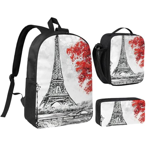 Sac à dos école 3 pièces motif Paris ultra léger avec kit déjeuner complet