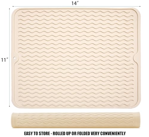 Image of Silicone Dish Drying Mat, Non-Slip Easy Clean Sink Mat, Beige, 14 inch x 11 inch | Quick-Dry Ridges, Large Heat-resistant Dish Drainer Mat for Kitchen Counter, Hangable & Roll-Up for Storage, Dishwasher Safe