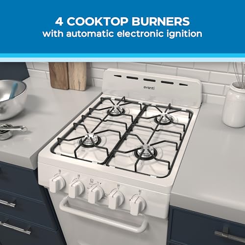Avanti GRO20P0W Gas Range Oven Compact Freestanding Design, 4 Burners with Electronic Ignition, 2.1 Cu.Ft. Capacity Features Solid Door Storage Drawer Broiler and Accessories, 20-Inch, White