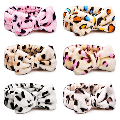 Jutom 6 Pieces Microfiber Bowtie Headbands Bowknot Elastic Hair Band Adjustable Leopard Women Spa Yoga Sports Shower Facial Head Band Head Wrap for Women Girls