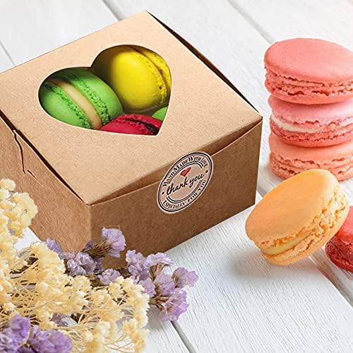 Brown Kraft Bakery Boxes, 4 Inch Small Cake Boxes with Heart Shaped Display Window & Stickers, Natural Craft Bakery Gift Boxes Treat Boxes for Cookies / Cupcake / Candy (20 Pack)