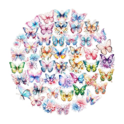 RUISPEED 50 unidades de pegatinas de mariposas de PET – Diseños transparentes realistas, pegatinas coloridas e impermeables para portátil, equipaje, diario, botella de agua, álbum de recortes e idea