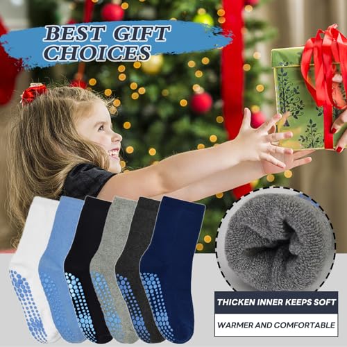 GRPSKCOS Toddler Thick Grip Socks, 6 Pairs Kids Winter Non Slip Socks for Boys Kids 1-7 Years3