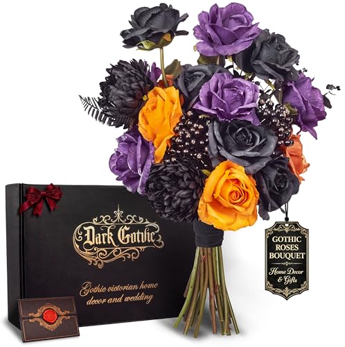 Halloween Gothic Roses Bouquet – Black/Purple/Orange Artificial Silk...