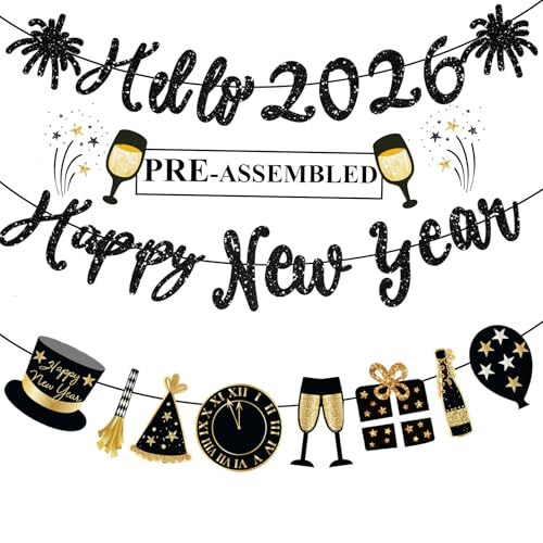 Happy New Year Banner Black Glitter Pre-Strung Hello 2026 NYE Banner New Years Sign Happy New Year Garland For New Years Eve Party Supplies Decorations 2026