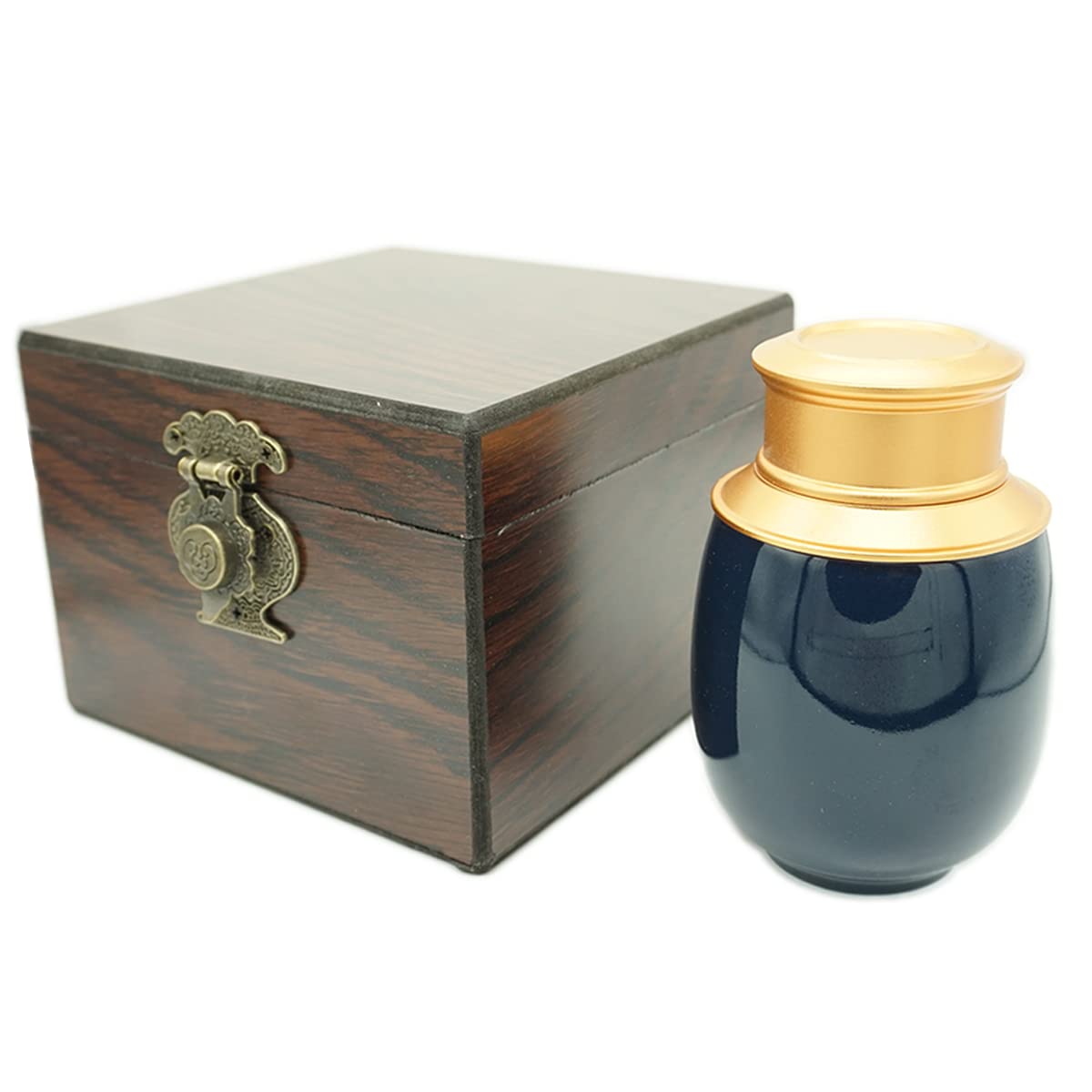 Keepsake Urn, Small Urns for Human ashes, Handmade Ceramic Double Alloy Sealing Lid, with Woodgrain Box, Display Burial at Home or Office Decor(Dark blue)