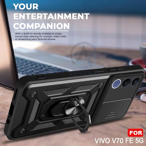 Image of AESTMO Tough Armor VIvo V70 FE 5G Bumper Back Case Cover | Ring Holder & Sliding Camera Shield Cover | 360 Degree Protection Back Case Cover for VIvo V70 FE 5G (Black)