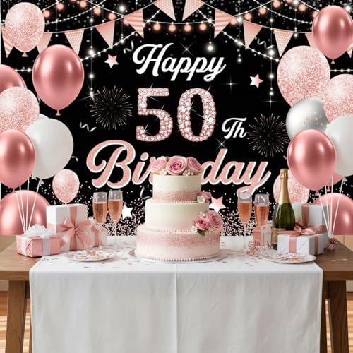 Image of 50th Birthday Decorations for Women - Happy 50th Birthday Banner Decorations Cheers to 50 Years Birthday Party Indoor and Outdoor Decoration Suppiles Pink Backdrop for 50th Birthday Party Favors Decor