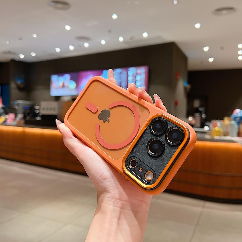 Magnetic Clear Case for iPhone 17 Pro Max | Mag-Safe Compatible | Slim Protective Cover | Shockproof Bumper | Anti Yellow Transparent Back | Camera Guard Design – Orange