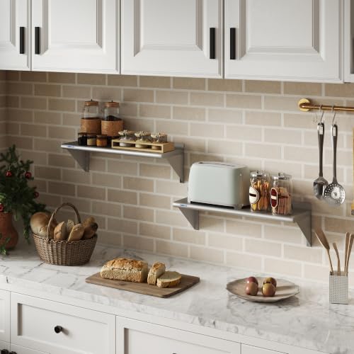 Image of HARDURA 2 Pack Stainless Steel Shelf 12 inch X 36 inch, 180LB Commercial Wall Mount Metal Shelving with Backsplash and Brackets for Kitchen, Restaurant, Laundry Room and Home