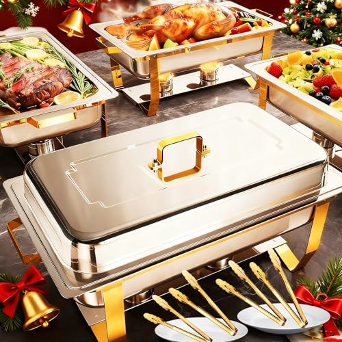 ALSO GO 4 Pack 9QT Chafing Dishes for Buffet Gold, Chafing Dishes Buffet Set with 4 Gold Serving Tongs, Stainless Steel Full Size Chafing Pans, Buffet Food Warmer Tray for Catering Events Parties