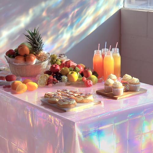 OQOQ Iridescent Light Pink Table Cloths (2 Packs), 54x108 Inch Laser Disposable Valentines Day Tablecloth Rectangular Plastic Table Cover for Birthday Wedding Baby Bridal Shower Party Decorations by OQOQ - Image 5