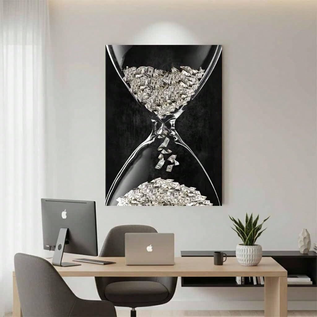 Cuadro decorativo de pared con diseño de reloj de arena y dinero, lienzo con la frase "El tiempo es dinero", pintura con billetes de dólar, lámina motivacional sobre la riqueza (40x50cm/con marco).