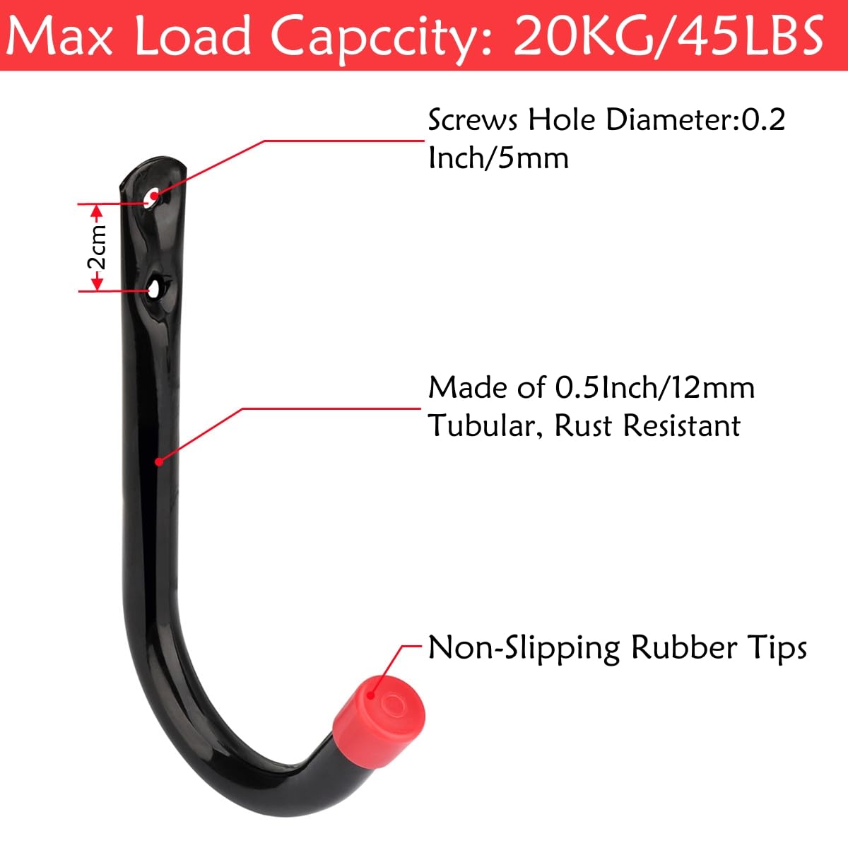 Moundnaik Heavy Duty Steel Garage Storage Hooks, Wall Mounted J Utility Hanger, Each Hook Holds Up to 20KG (14cm x 9cm) - Image 3