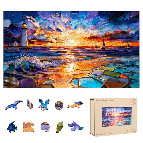 Leodozzio 500Pcs Wooden Jigsaw Puzzle Sunset Lighthouse Decor 10.7x19in