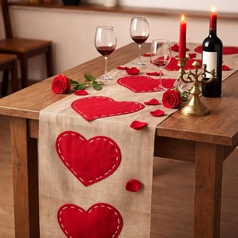 Frienda Valentine's Day Burlap Table Runner 13x72 Inch Cover