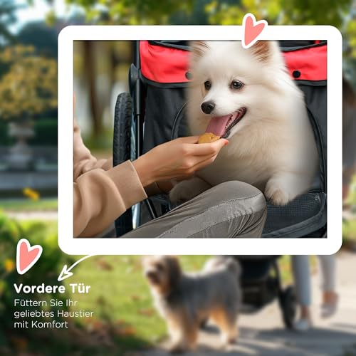 PawHut Hundewagen Hundebuggy klappbar für Hunde & Katzen bis 20 kg Katzenbuggy mit geländegängige Gummiräder Kissen Netzfenstern Türen Katzenwagen mit Aufbewahrungskorb Buggy Rot